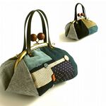 “桃尻ふうせんポーチ”ランダムパッチワーク/ブルー系/デニム/くし形16.5cm