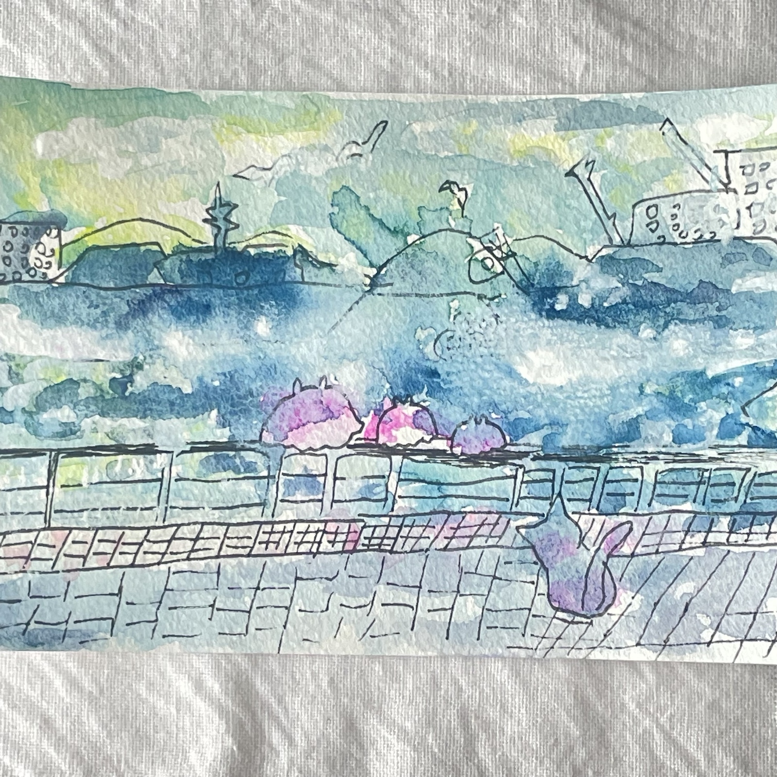 横須賀の海で眺める/原画イラスト　メンダコ　ねこ 21,300円