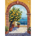 2573 アーチとレモンの木 海の風景画 アートポスター クルーザー ヨーロッパ リゾート インテリア 壁掛け 絵画 イラスト おしゃれ カフェ風 模様替え 夏 柑橘 フルーツ 癒し 絶景 引っ越し祝
