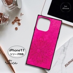 【iPhoneケース】スクエア型・背面強化ガラス ＊ マゼンタピンク・マンダラアート柄