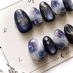 【現品販売】Poussière de Lune ネイルチップ ニュアンスネイル 個性派ネイル マグネットネイル 天然石ネイル 大理石ネイル ネイビー 青 ブルー 月 シェル 手描き