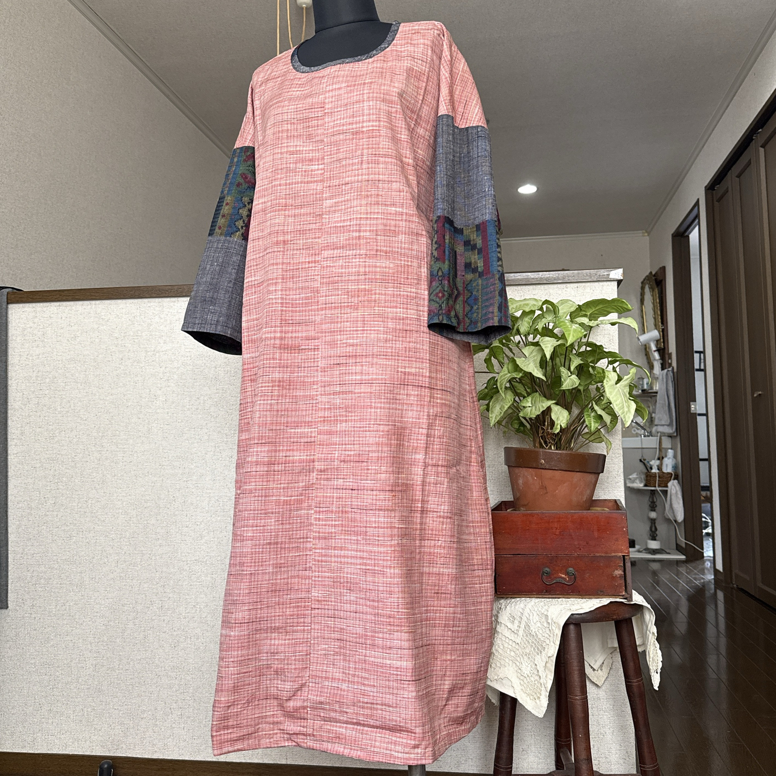 SALE【着物リメイク】人気の 紬きものワンピース 着物ワンピース 七分