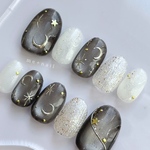 【星月ネイル】Moon Noir 𓂃 黒　ブラック　月　夜空　推し活　星　モノトーン　かっこいい　流れ星　スター　マグネットネイル　ネイルチップ