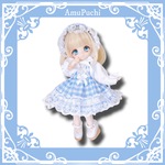 ロリィタ風ギンガムチェックの重ね着ワンピース＆ヘッドドレス2点Set.（水色×白レース）✦ オビツ11 ねんどろいどどーる ピコニーモP ピコニーモD シュガーカップス ブラインドドール 等