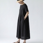 SALE¥9680→¥6900スポッとコーデが決まる！上質リネン半袖ワンピース【ブラック】