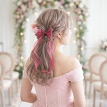 ♡ピンクのミニ薔薇＆ワインレッドのオーガンジーダブルリボン♡ヘッドドレス♡