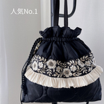 （再販）🖤人気No.1軽い！2WAY撥水キルト×インド刺繍ショルダーバッグ（レギュラー）A4対応　華やかフリル付き　ブラック　撥水　トートバッグ　ギフト　旅行　結婚式　入学入園　卒業卒園　お誕生日