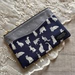 ポケット付き フラットポーチ ＊ リバティ ミャオウ ネイビー 猫柄＊ 化粧ポーチ 通帳ケースに