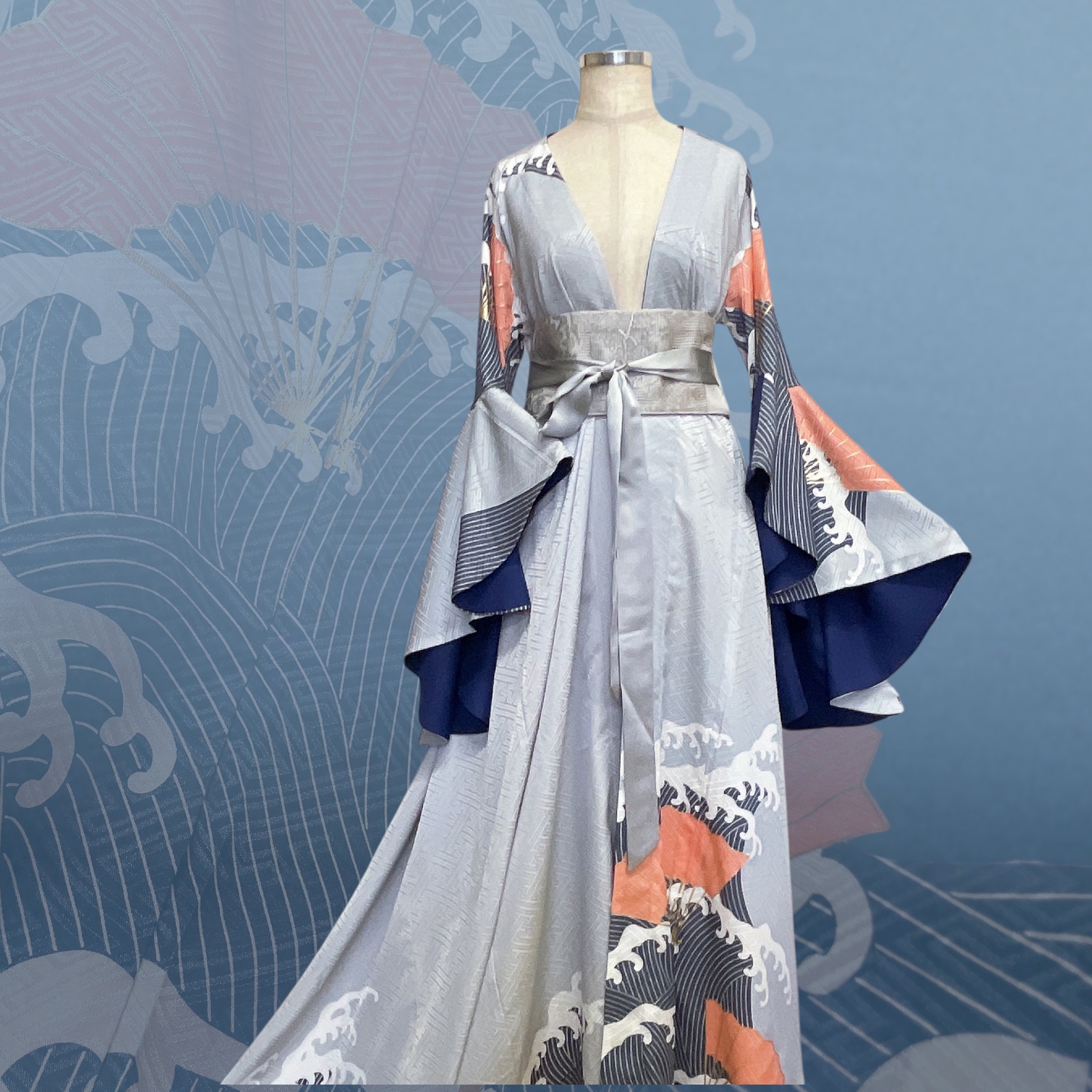 着物リメイク ドレス 半袖 絹 ブルーグレー 71add52ff10afeb284d88d50c8c73a