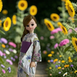 リカちゃん　涼しげなお花の柄の浴衣とすみれ色の帯のセット　巾着付き