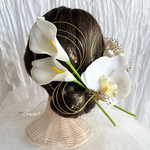 カラーリリィと胡蝶蘭ホワイトの金箔水引付き髪飾りセット//カラーリリー　成人式　振袖　卒業式　袴　結婚式　前撮り　和装　着物　上品　シンプル　水引　ウエディング　大人　和装　白無垢　色打掛