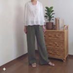 リネン100％・きれいなリネンチノクロスのワイドパンツ・チャコールカーキ