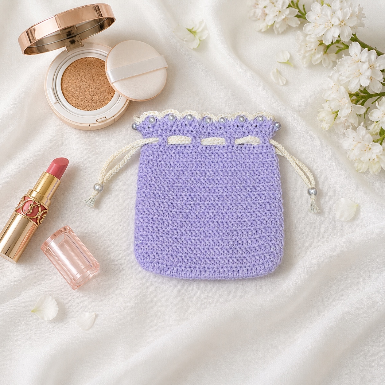 Nemophila Bloom Pouch｜ネモフィラの花モチーフ巾着ポーチ｜手編み