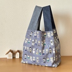  YUWAおしゃれ猫 グレー  ＊大きめ エコバッグ＊ 布エコバッグ コンビニエコバッグ＊【マチ18㎝】  デニム風 ヒッコリー風