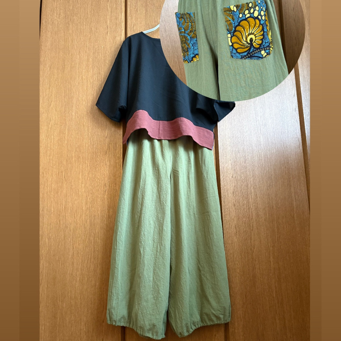 アフリカ布ポケットがアクセントのゆったりバルーンパンツ　ワイドパンツ 6,200円