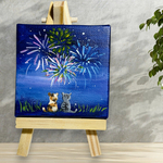 花火と猫の絵　小さい絵　猫の絵　アクリル画