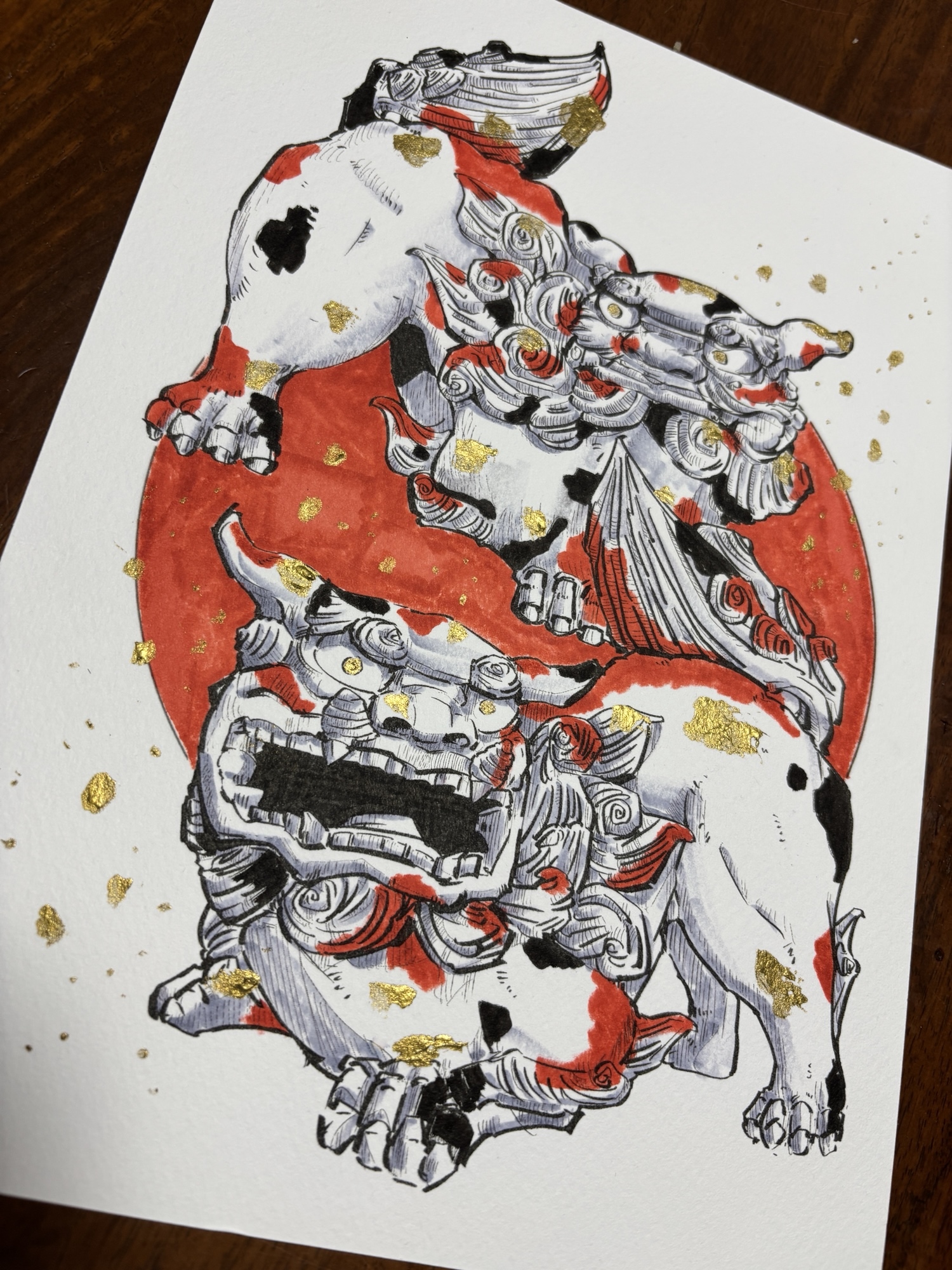 【原画】鯉柄シーサー 原画 和風アート ペン画 コピック 金彩 原画】鯉柄シーサー 原画｜ペン画×赤コピック×金彩｜ワトソン紙 アート