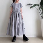 半袖サイドリボンワンピース　* Cotton linen 素材 ストライプ柄 *
