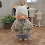 ハート模様カーディガン【生成り(綿麻)・牧草色ハート】❤︎handmade❤︎小さな動物系ドールサイズ