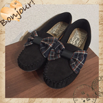 【22.5〜24cm】チェックリボン肉厚低反発モカシンシューズ/ブラック