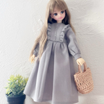 フリル長袖ワンピース　【グレー】ドール服　リカちゃん　ruruko　受注
