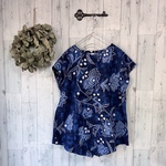 ☆  有松絞　青に白の花柄　浴衣服　フレンチ袖アシメトリーブラウス♪