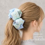 ふわふわエメラルドブルーインド刺繍リボンのバナナクリップ丨大人上品ヘアアクセサリー