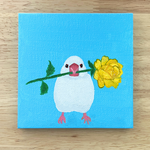 「小さなありがとう」文鳥と黄色いミニバラ　ミニキャンバス原画