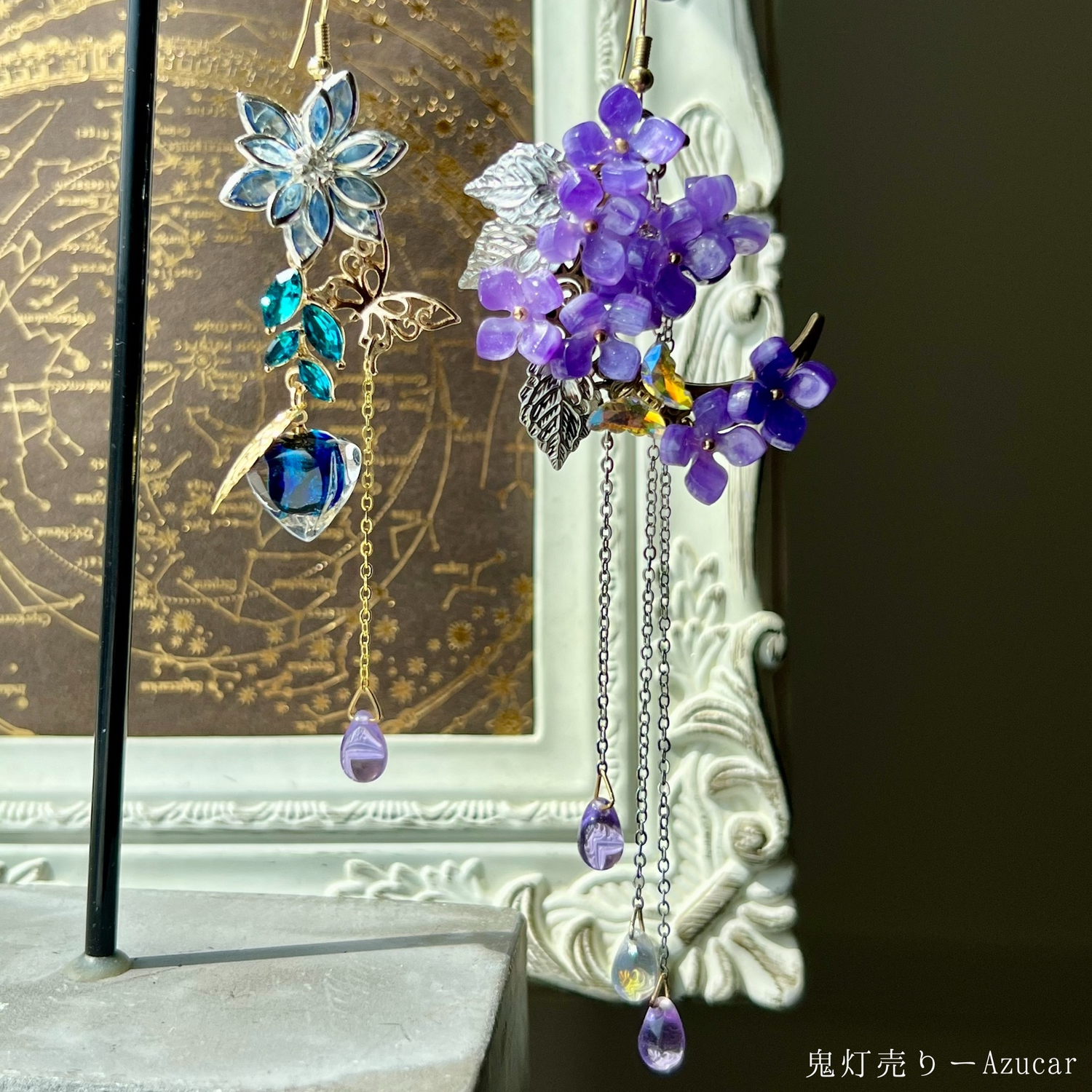 夕焼け空に上弦の月に照らされる彼岸花雲レジンのオルゴナイト蓄光