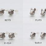 小さな動物のシルバーピアス。カピパラ、チンチラ、マーモット、モルモット。