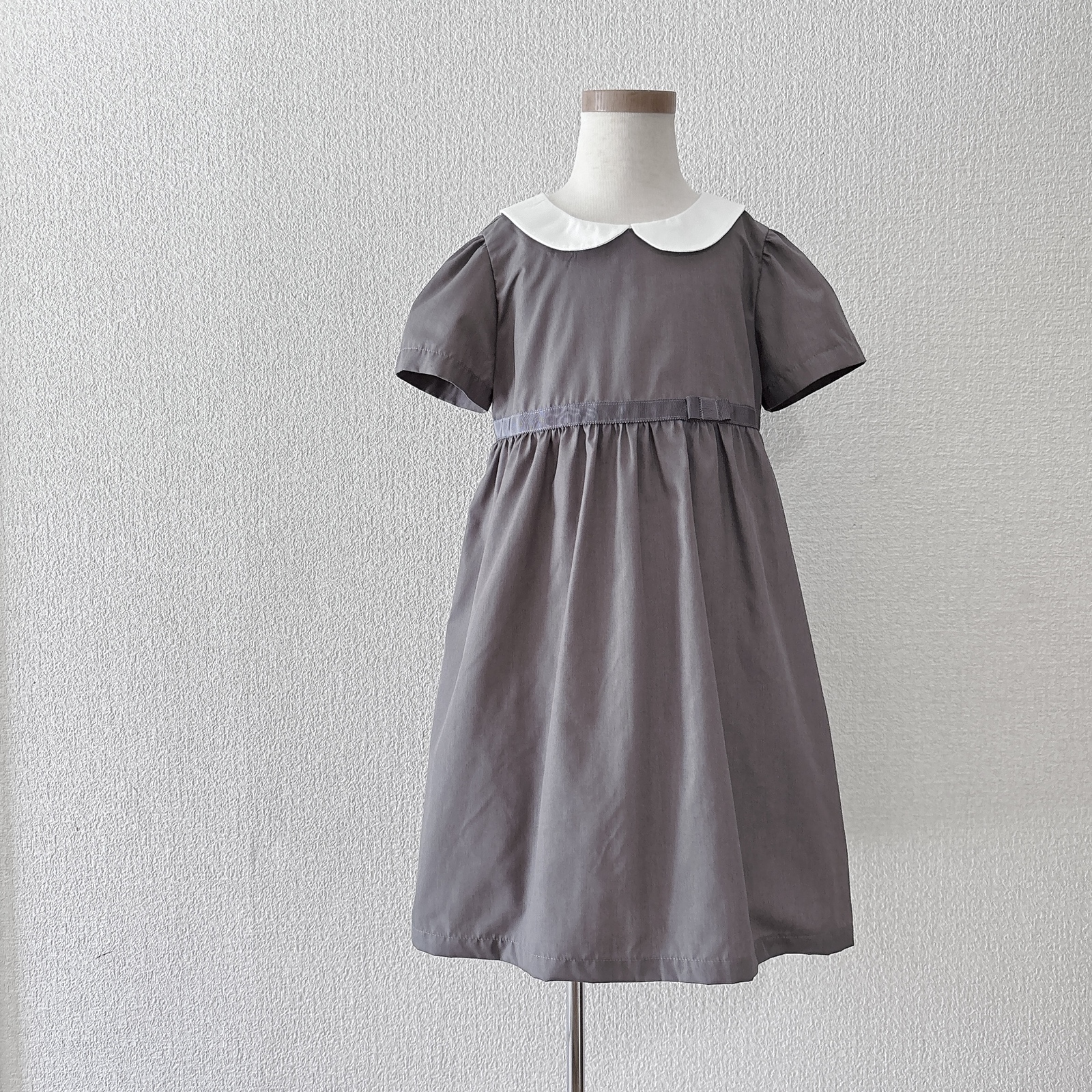 再販：お花えりAラインワンピース 90,95cm グレー×グレー 七五三 卒園 