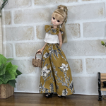 NO,638リカちゃん服  マスタードカラーのボタニカル　ワイドフレアパンツ　フリルブラウス　大人オシャレ　夏のセットアップ　リアルクローズ