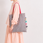 Tag ! Tag ! Tag ! BAG　グレーストライプ × ダークグリーン　【 大きめ マチなし トートバッグ サブバッグ 】