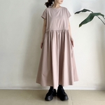 半袖サイドリボンワンピース　* Cotton素材 ほんのりPink Beige *