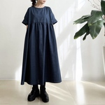 ゆったりオーバーサイズのワンピース　* Cotton 地模様のある生地 Navy  *
