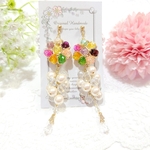 【１点限定🌸】カラフル ボタン フラワー💐🌸とパールTreeのアート風ゴージャスピアス💎✨️サージカルステンレスピアス 金属アレルギー対応✨️イヤリングご変更可✨️