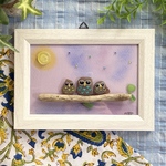 Moonlit Owl Trio〜月夜によりそうふくろうたち〜シーグラスフレームアート