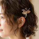 ゴールド　金　ワイヤー　アメリカピン　小枝　リーフ　ワイヤー　パール　ビーズ　ヘアアクセサリー　髪飾り　ショート　ボブ　お呼ばれ　ヘアアレンジ　和装　洋装　シンプル　小ぶり　ヘアピン　パールピン