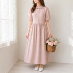 【自分サイズに仕立てる】夏の物語のワンピース｜XS〜6L｜全22色｜丈変更無料　コットンリネン　綿　リネン　受注生産　クラシカル　大人かわいい　春　夏　秋　冬　レトロ　オーダーメイド　ピンク