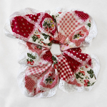 レース付きガーリーレッドパッチワークスクエアシュシュ｜race girly red patchwork chouchou ❤️🍒🍓