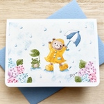 ☂️透明水彩画　2枚セット「雨の日のお散歩」イラストミニカード  バースデーカード    くま　クマ　熊　カエル　かえる　紫陽花　あじさい　花　傘　梅雨　母の日カード　父の日カード