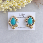 大ぶりピアス/ターコイズ/ブルー/ゴールド/夏/ビーズ刺繍/雫/ビーズピアス イヤリング
