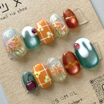 ポピーのお花畑［ネイルチップ］クリームソーダ　うるうる　ぷっくり　キラキラ　マグネット　さくらんぼ　お花　フラワー　ブルー　水光　うねうね　レトロ