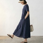SALE¥9680→¥6900スポッとコーデが決まる！上質リネン半袖ワンピース【ネイビー】