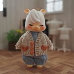ハート模様カーディガン【生成り(綿麻)・オレンジ色ハート】❤︎handmade❤︎小さな動物系ドールサイズ
