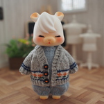小花柄カーディガン【薄いグレー(コットン＋アクリル)・オレンジ色の小花柄】❤︎handmade❤︎小さな動物系ドールサイズ