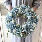 (38cm) ＊特大＊初夏を感じるスカイブルーの紫陽花とタンポポの綿毛のボリュームリース/ドライフラワー/誕生日プレゼント/開店祝い/青/サマー