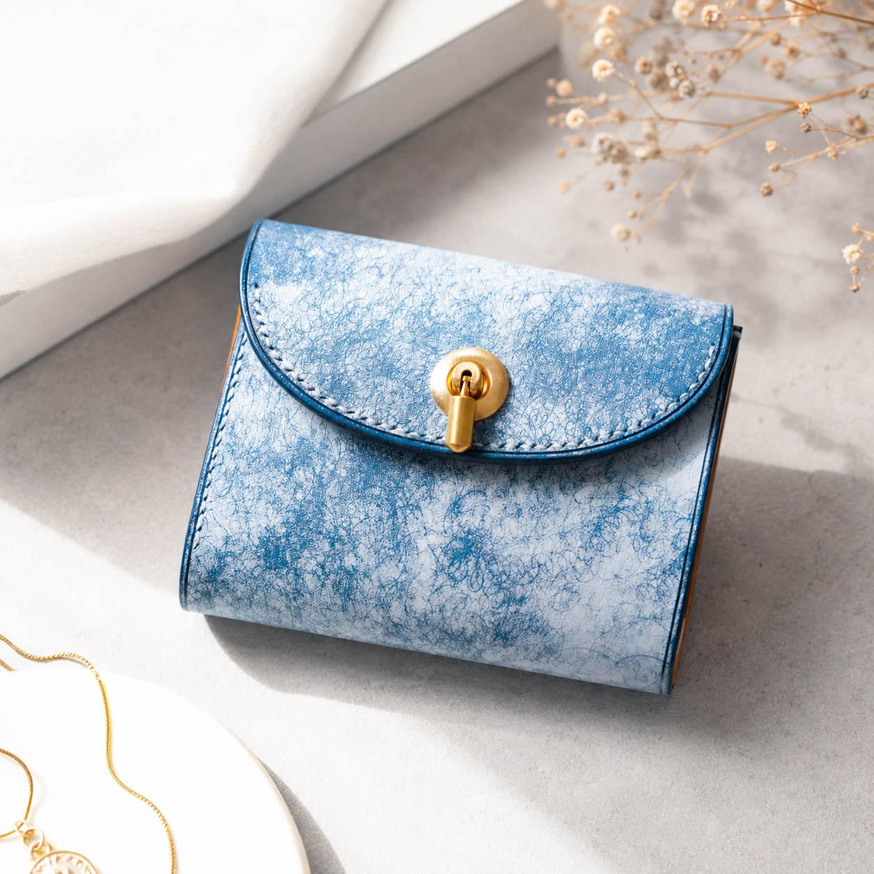 【即納品】オコシ金具の三つ折り財布　Margot　フルハンドメイド flap mini wallet [ MARGOT FOG / Turchese ] オコシ金具 ver. ミニ