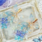 蝶とネモフィラと紫陽花のヘアクリップ 〜雨空と青空〜(hair ornaments of butterfly 〜sky and rainy blue〜)