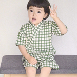 甚平　【特集掲載】当店No.1  田舎っ子なチェック柄ベビー甚平　キッズ甚平　グリーン　お祭り　夏　寝巻き　80〜110